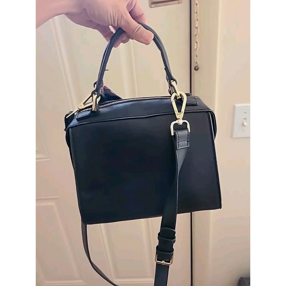 Steve Madden satchel crossbody bag Black Ribbon Gold zipper pockets - Picture 15 of 16